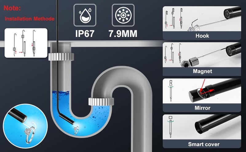 POLEDY Endoscope Camera with Light, 1920P HD Borescope, 8 Adjustable LED Light, IP67 Waterproof 16.4ft Snake Camera, Semi-Rigid Cable Inspection for Android, iOS - Image 2